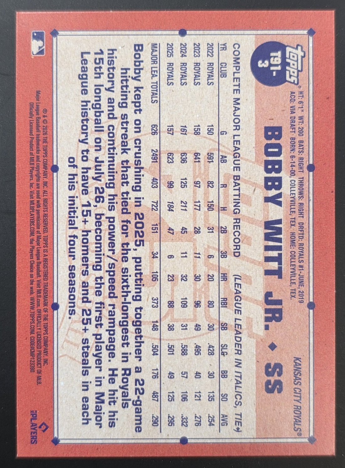 2026 Topps Series 1 Bobby Witt Jr. Crackle Foil Refractor Royals T91-3