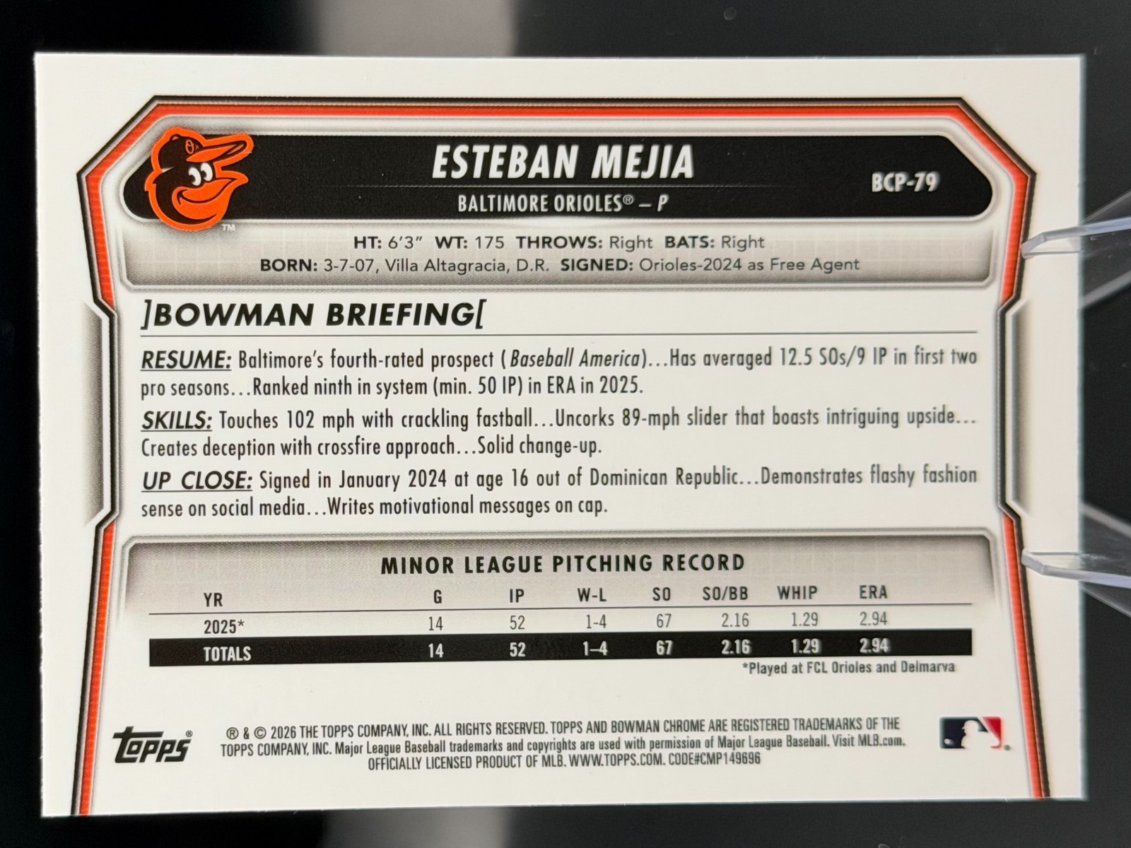 Esteban Mejia 1st /175 Blue Mojo Refractor 2026 Bowman Mega #BCP-79 BAL Orioles