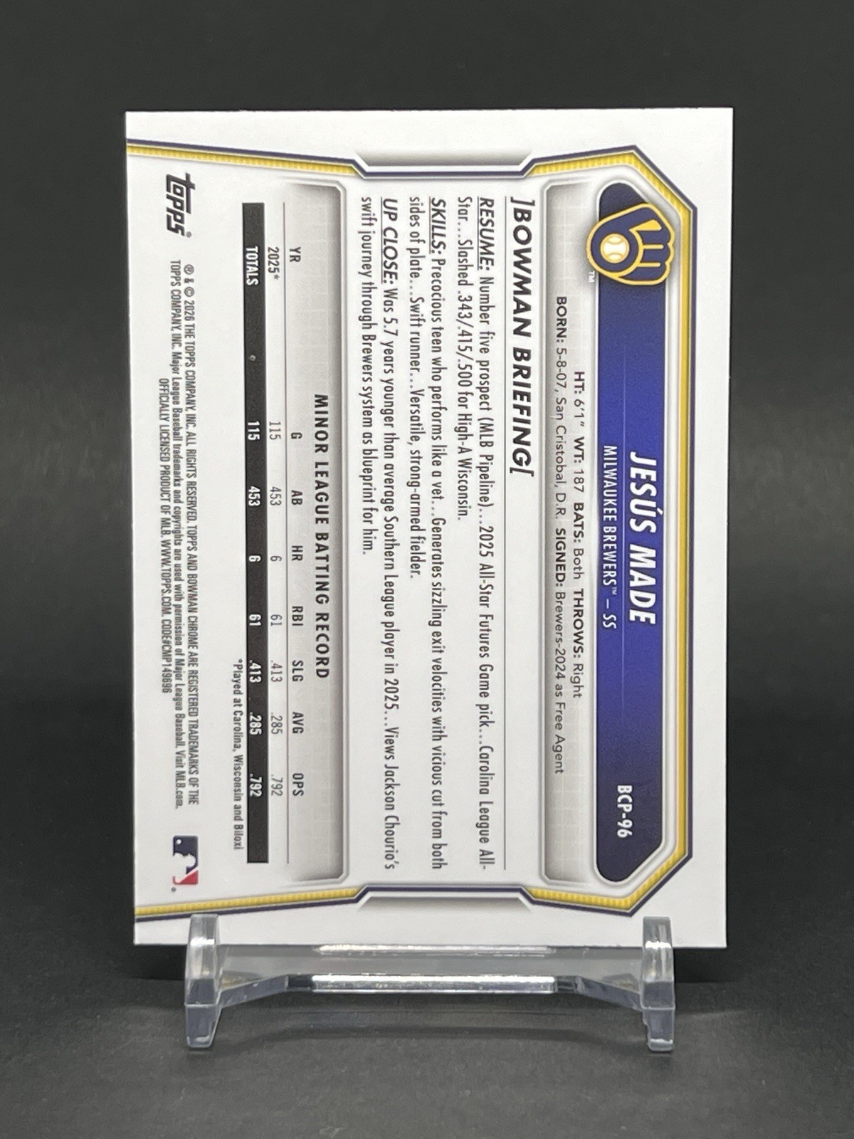 2025 Bowman Chrome Jesus Made Mojo Refractor #BDC-196 Milwaukee Brewers