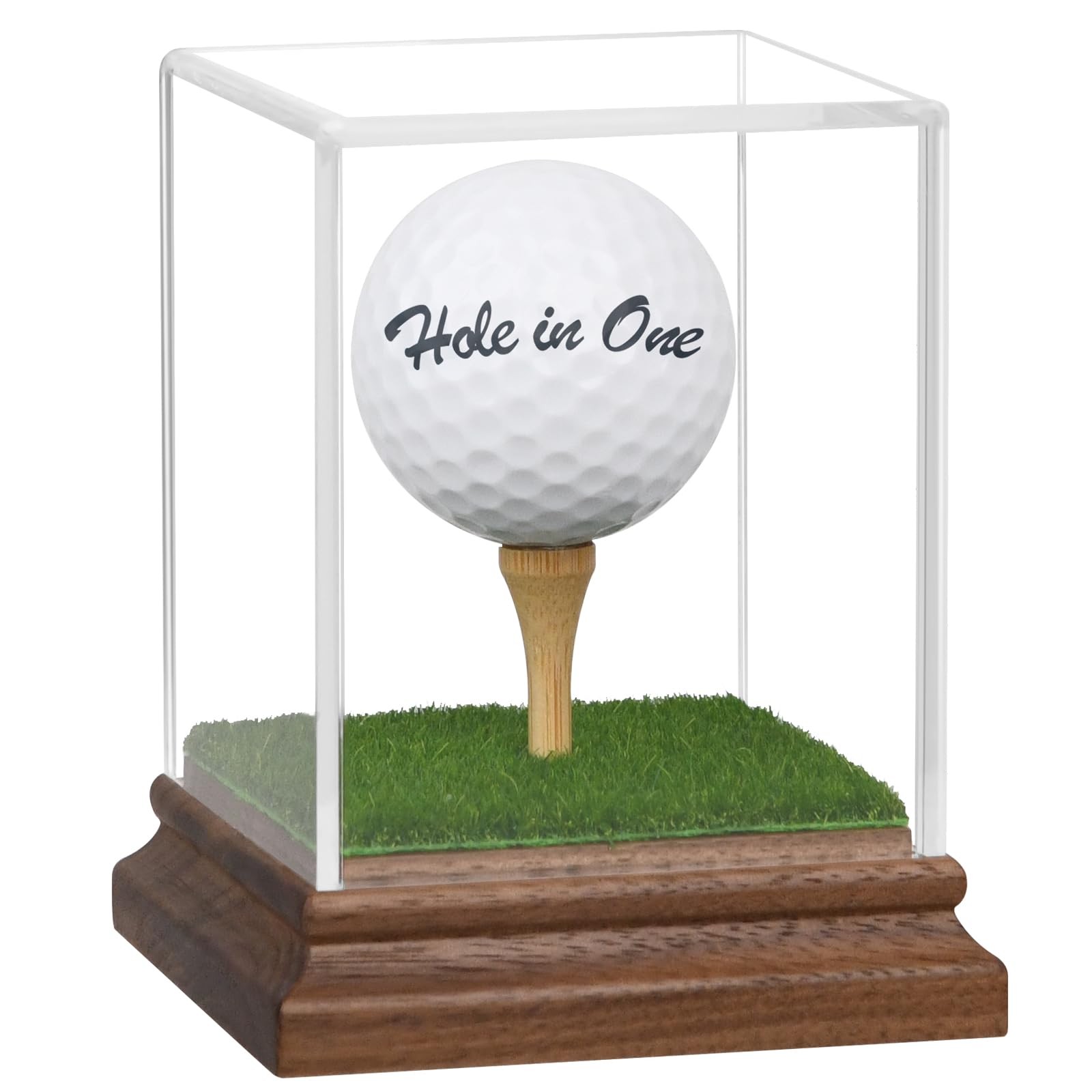 Golf Ball Display Case Hole in One Holder with Acrylic Base and Turf Stand
