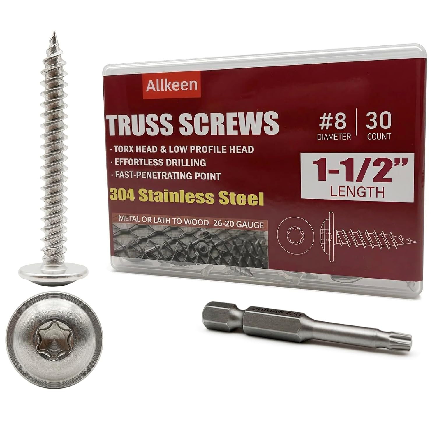 (30 Pcs) #8×1-1/2″ T20 Torx Head Wood Screws 304 Stainless Steel Self Tapping Tr