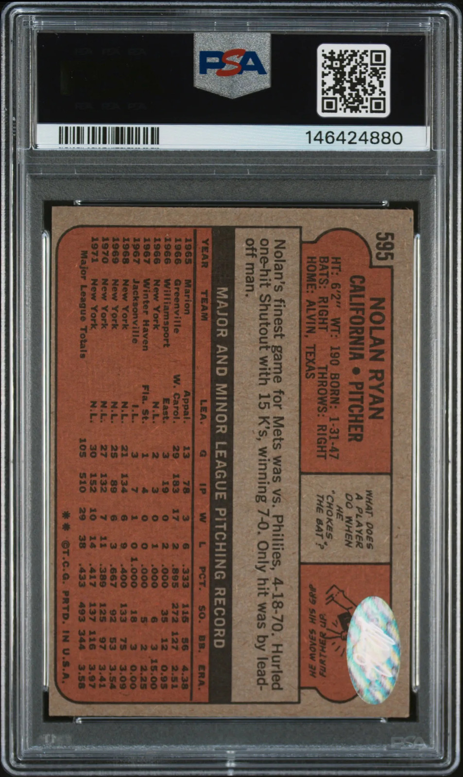 1972 Topps Nolan Ryan #595 PSA 5 Auto 10