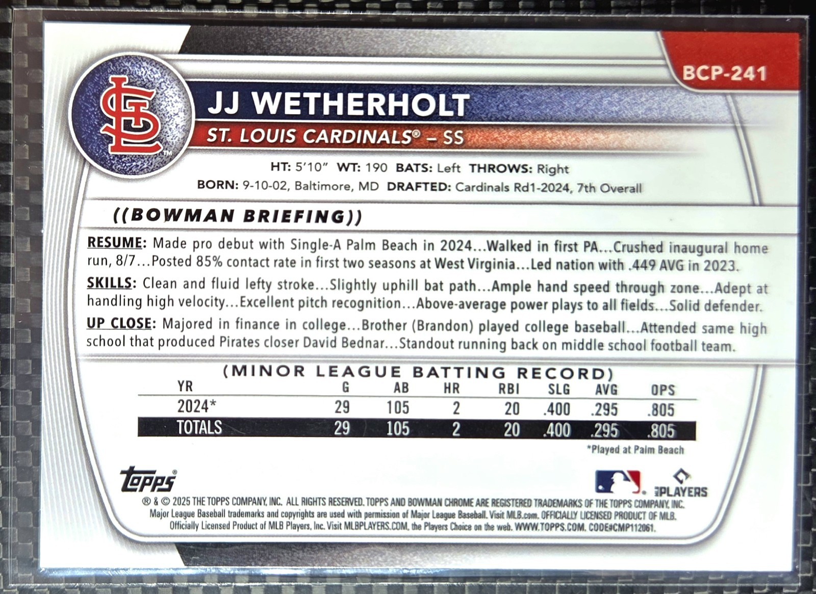 JJ Wetherholt 2025 Bowman Chrome Baseball #BCP-241 Mini Diamond Refractor