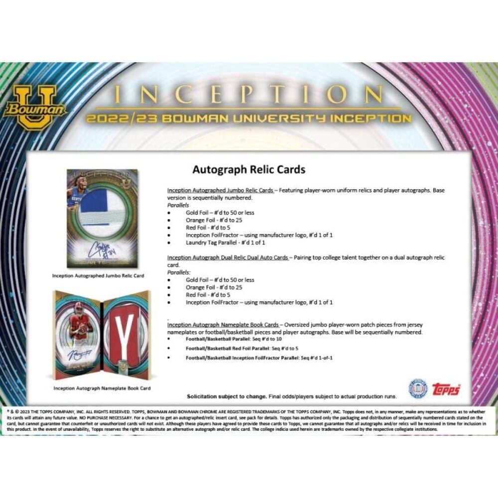 2022-23 Bowman University Inception Multi-Sport Hobby Box (1 Pack/7 Cards: 2 Aut
