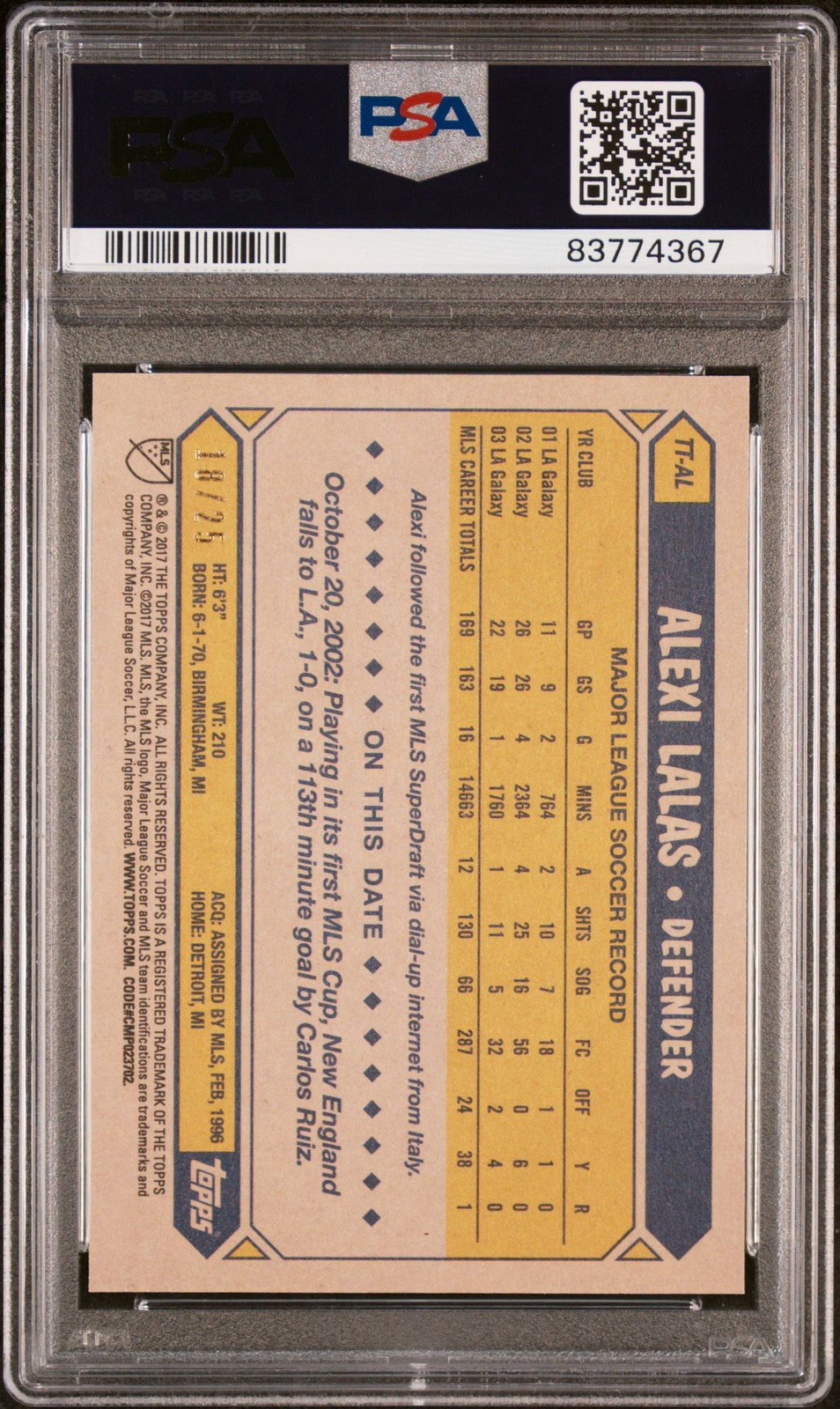 2017 Topps MLS Throwback Topps Orange /25 Alexi Lalas #TT-AL PSA 10 POP 1
