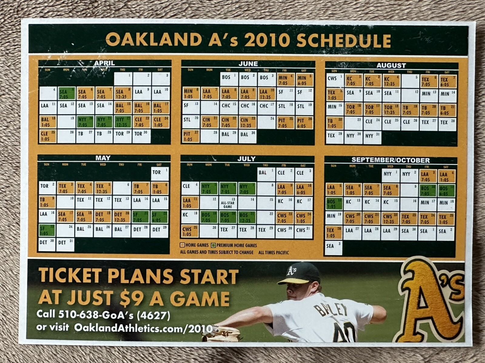 OAKLAND ATHLETICS BASEBALL 2010 SCHEDULE 5×6.75″ STICKER DECAL NON-STUCK A’S SGA