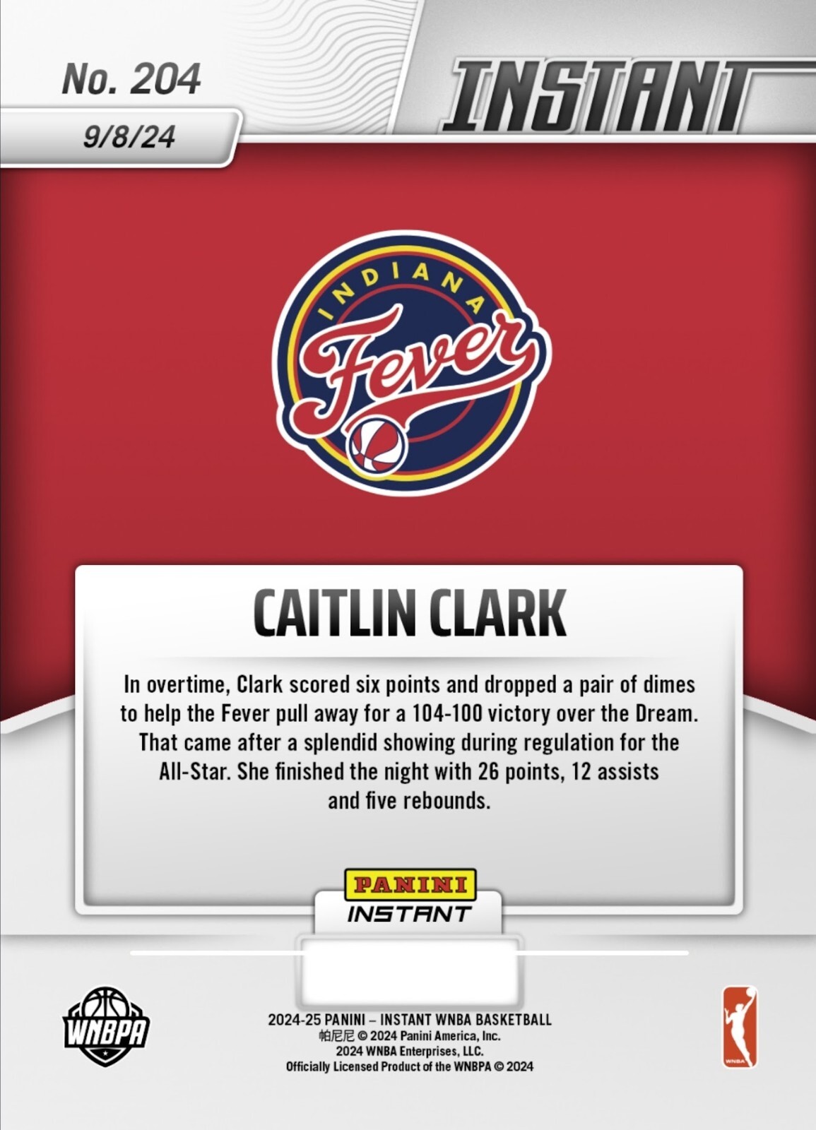 🔥 Caitlin Clark – 2024 Panini Instant WNBA #204 – Rookie Card RC