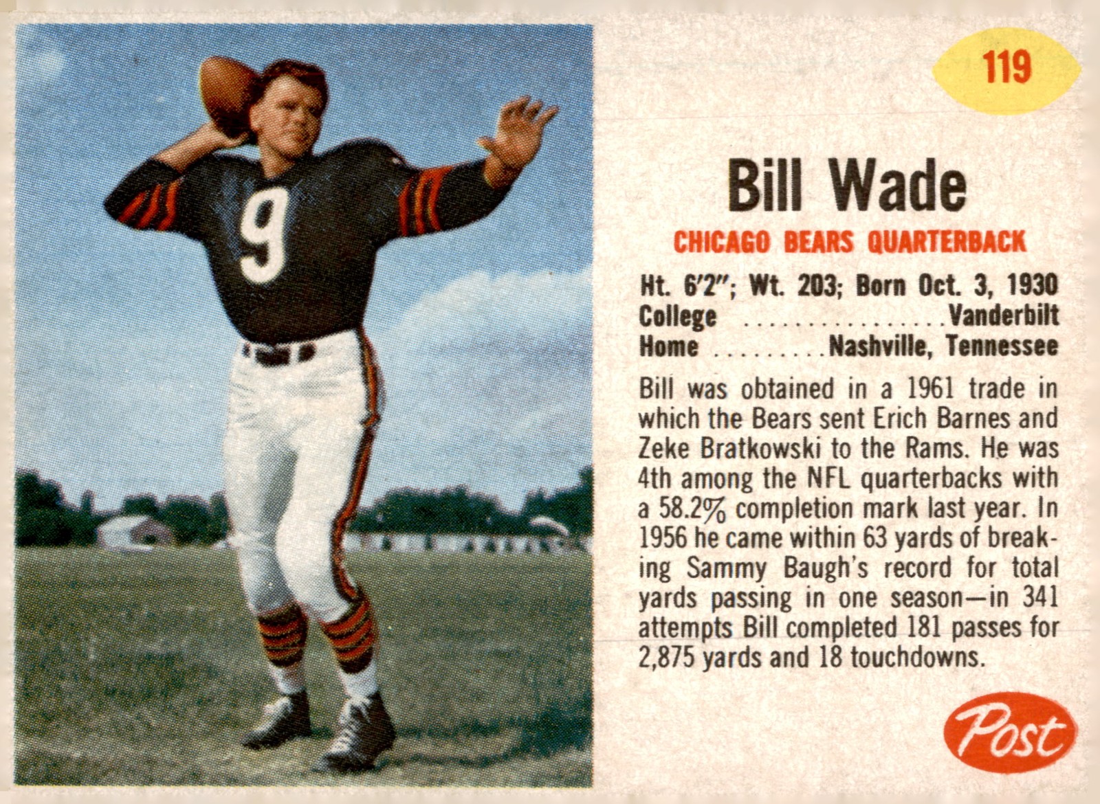 1962 Post Cereal #119 Bill Wade