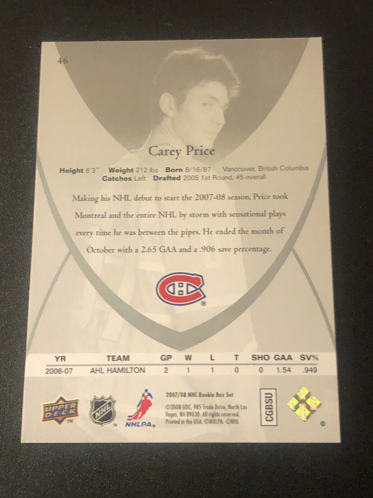 2007-08 Upper Deck Rookie Class Box Set Carey Price #46 RC