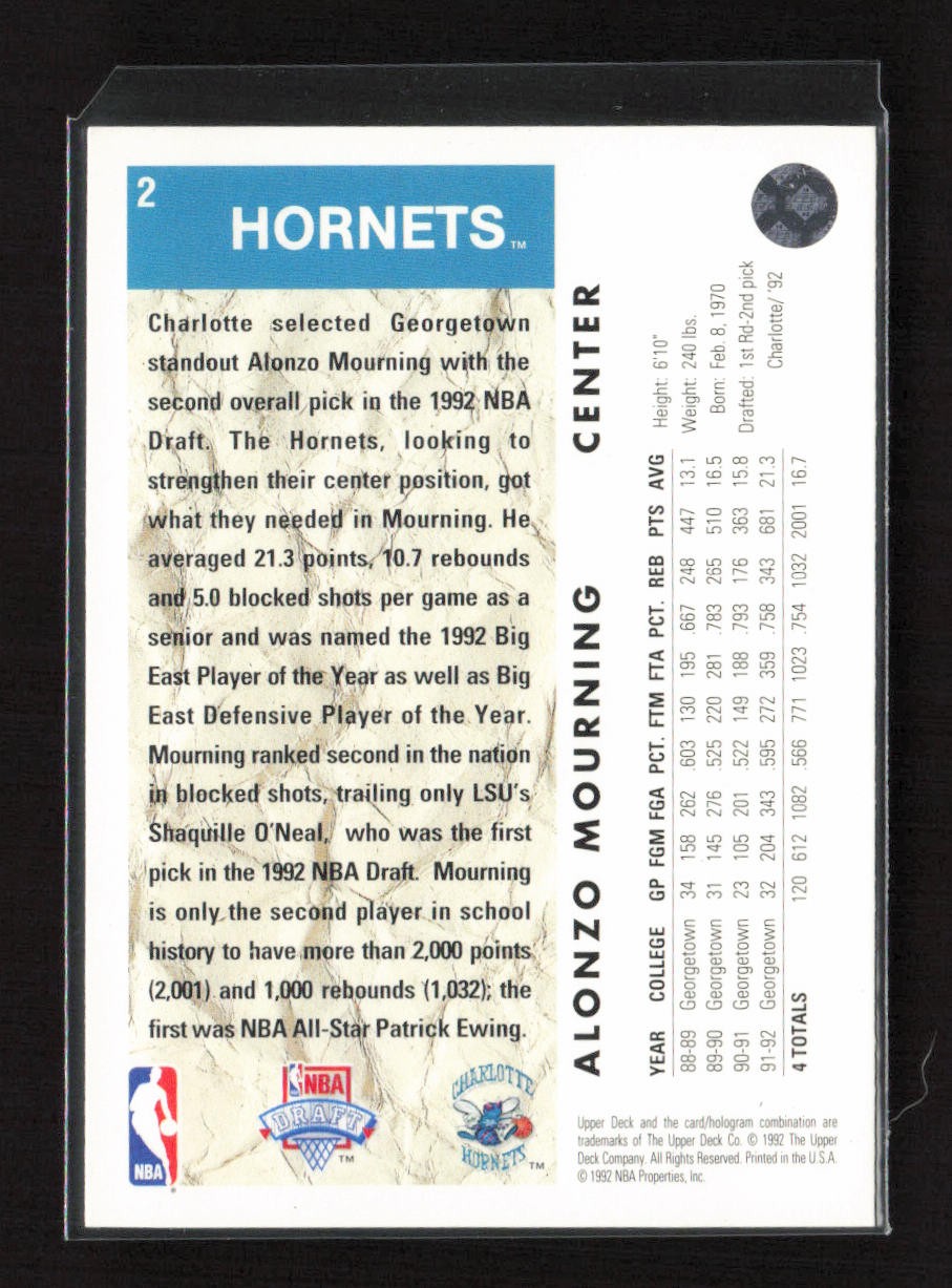 1992-93 Upper Deck #2 Alonzo Mourning Charlotte Hornets Rookie NM