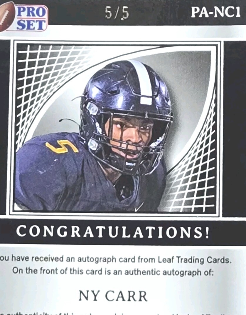 NY CARR 🔥 5/5 AUTO 2024 LEAF PRO SET METAL FOOTBALL BLACK CRYSTAL BORDERED PRZM