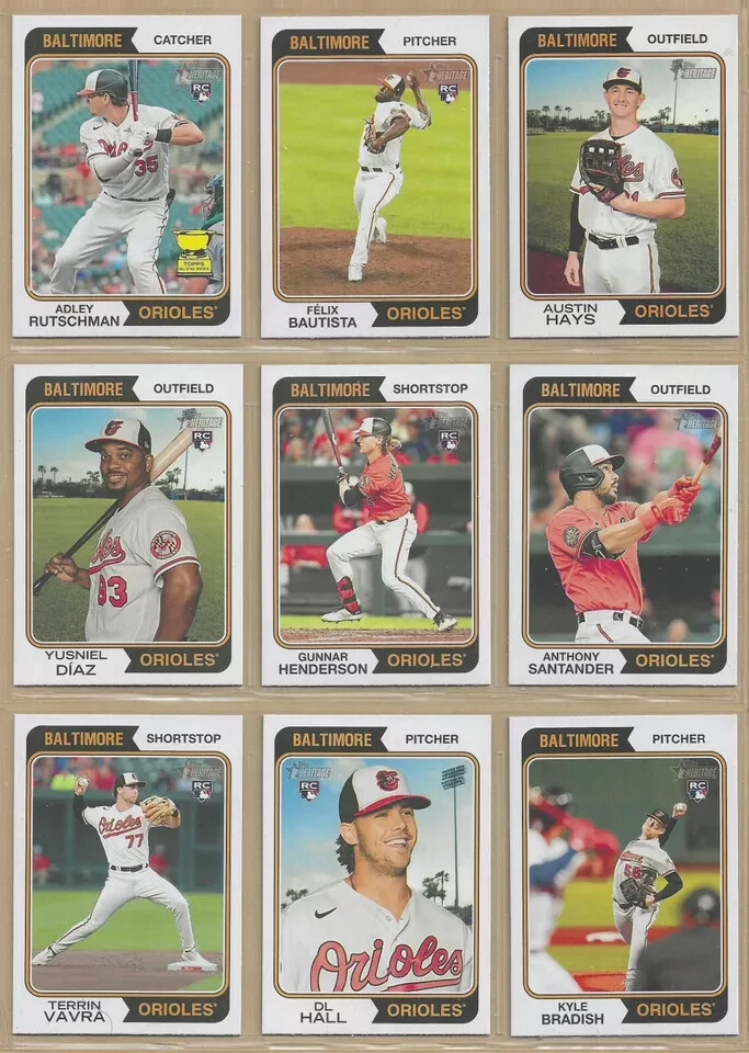 2023 Topps Heritage BALTIMORE ORIOLES Base Team Set of (12) Henderson Rutschman