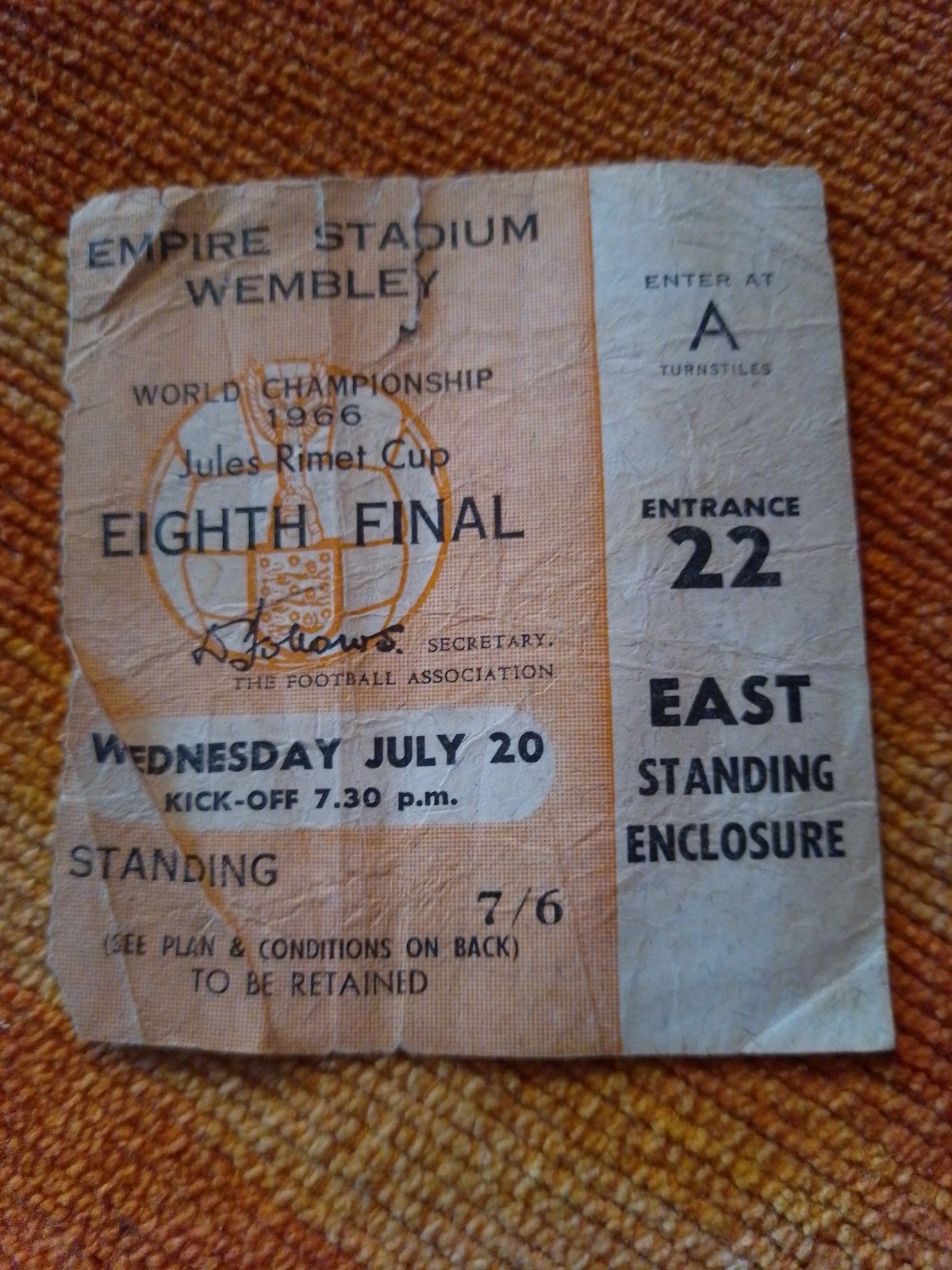 1966 WORLD CUP TICKET – ENGLAND v FRANCE at WEMBLEY – ORIGINAL