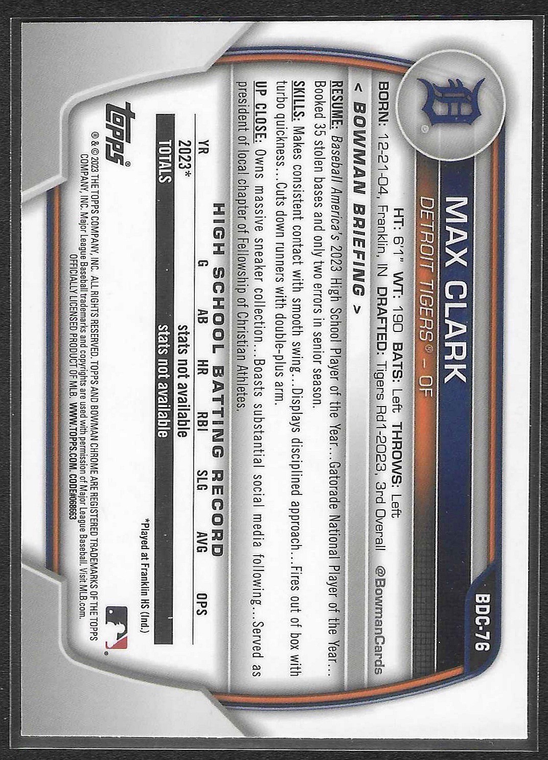2023 BOWMAN DRAFT CHROME 1st MAX CLARK #BDC-76 DETROIT TIGERS B