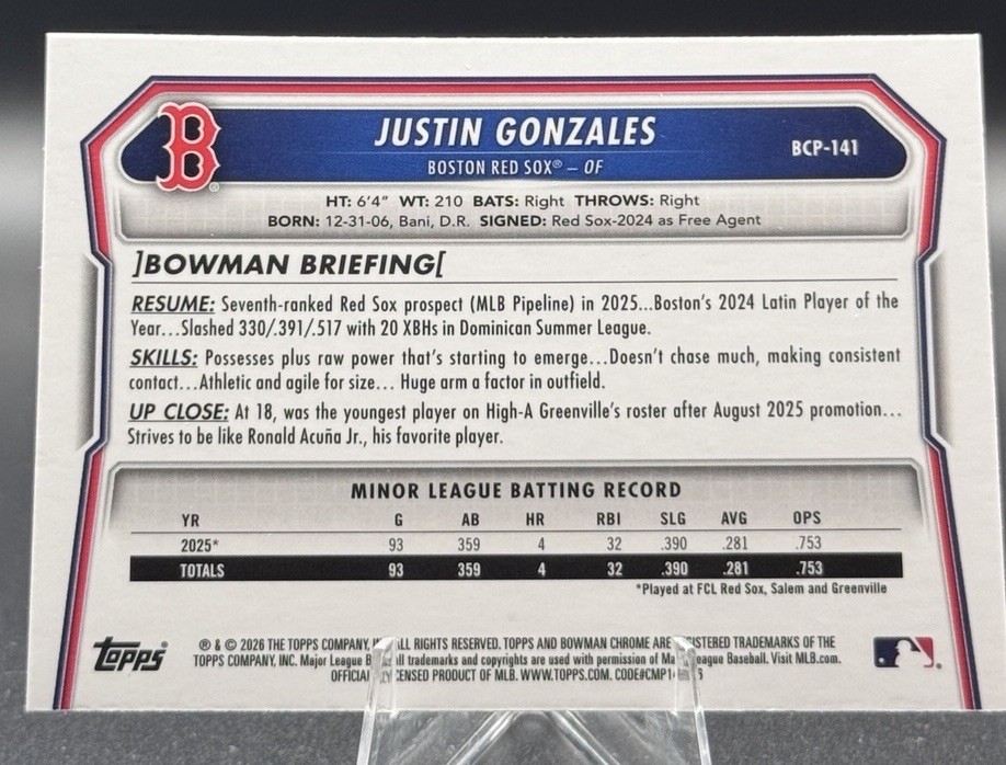 2026 Bowman Chrome Justin Gonzales 1st Bowman Mojo Refractor Red Sox Rookie