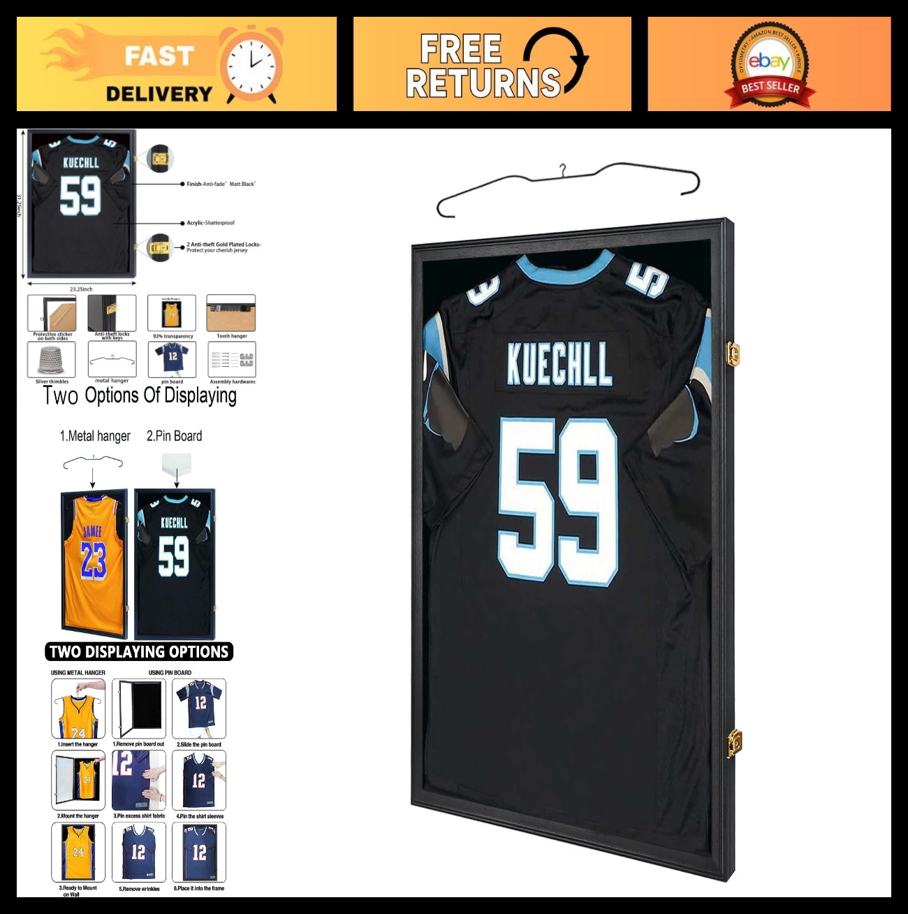 Lockable Jersey Frame Display Case – UV Protection Acrylic Shadow Box for Sports