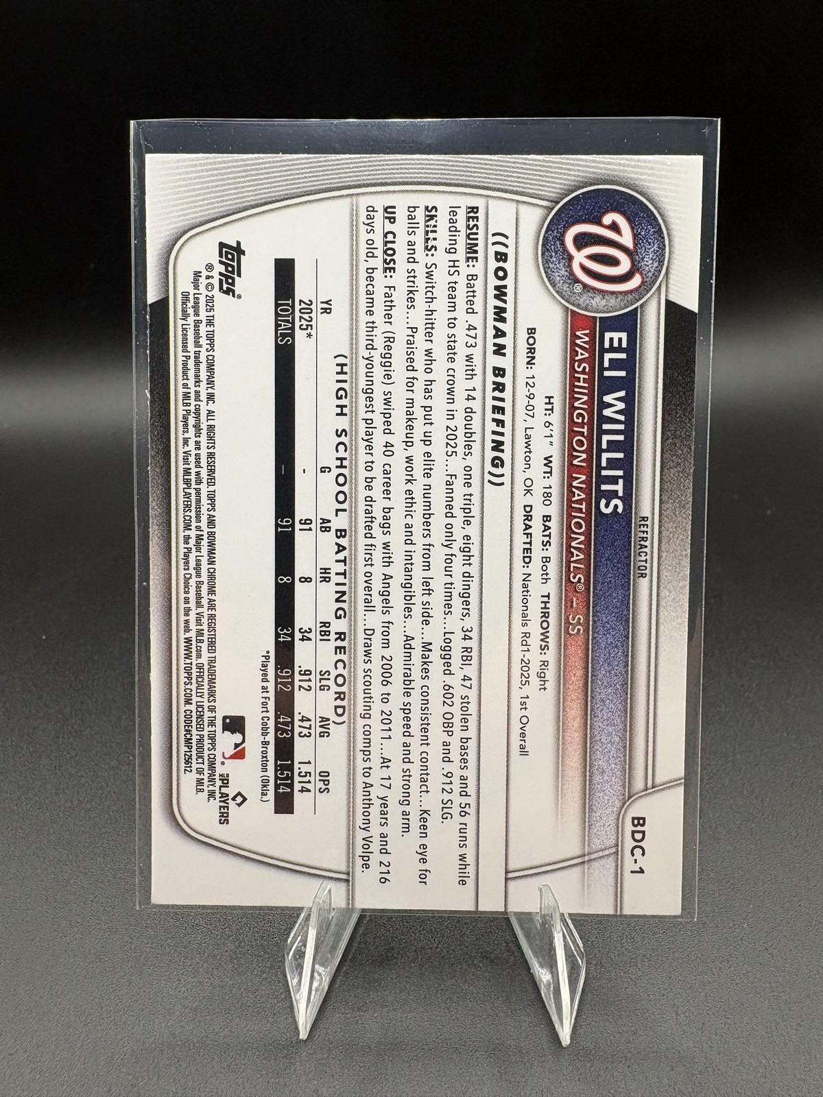 2025 Bowman Draft #BDC-1 Eli Willits Chrome Refractor