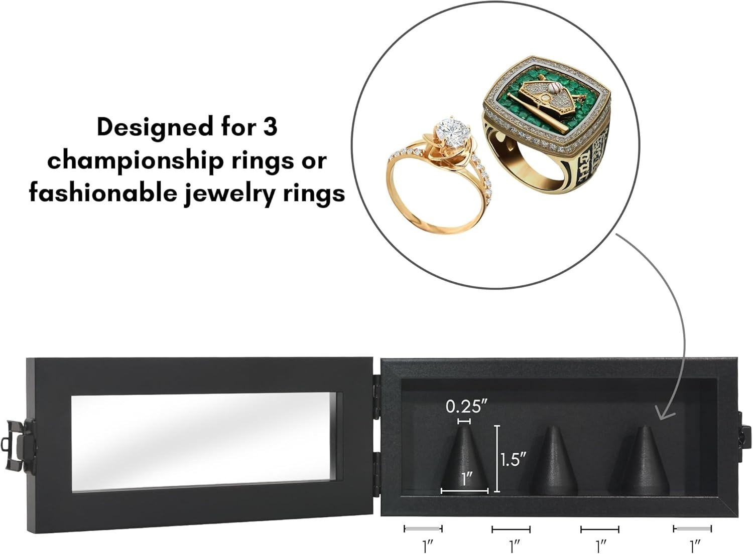 Championship Ring Display Case Holds 3 Rings with Lock Wall Mount Black