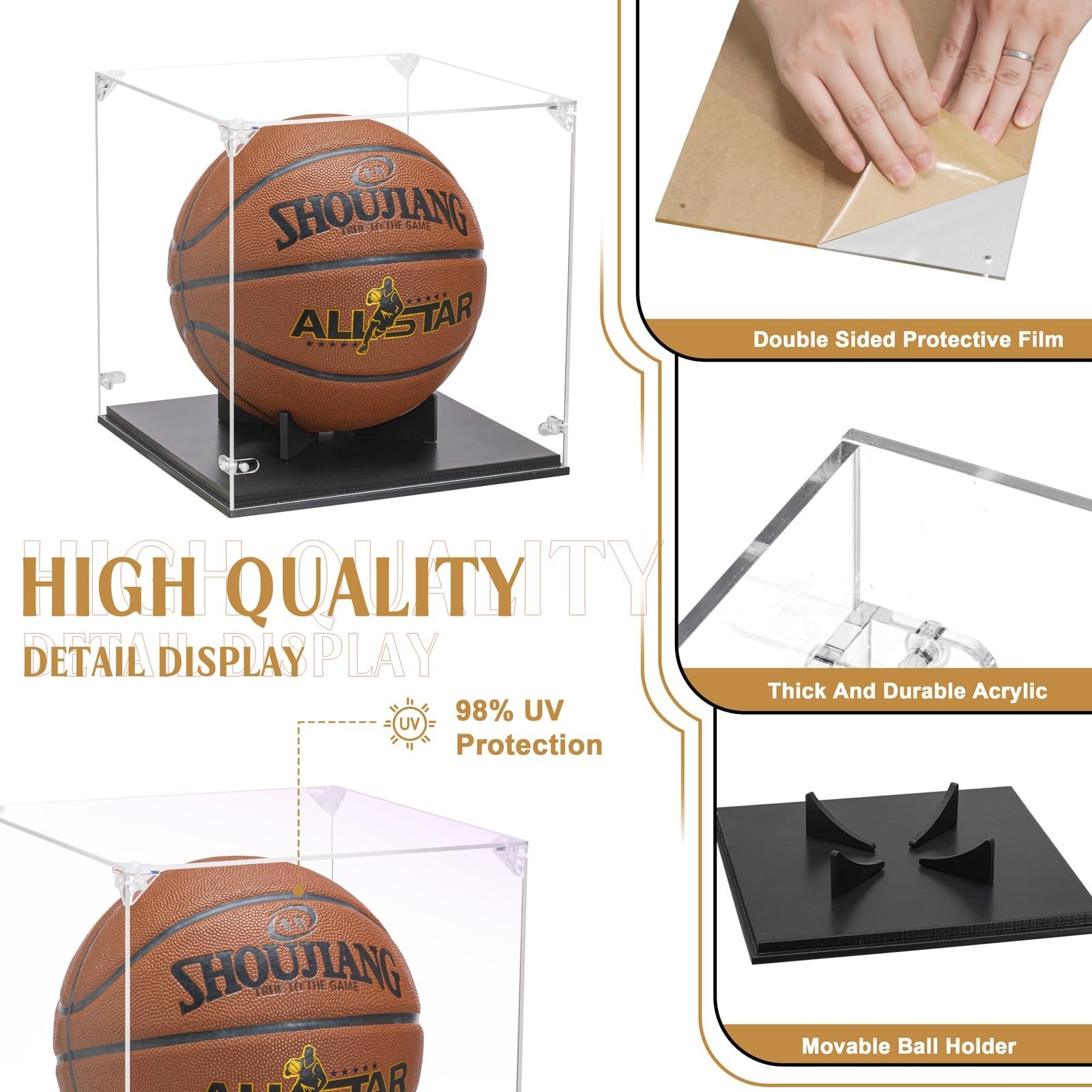 Basketball Display Case with UV Protection | Thick Acrylic Lid & Wooden Base for