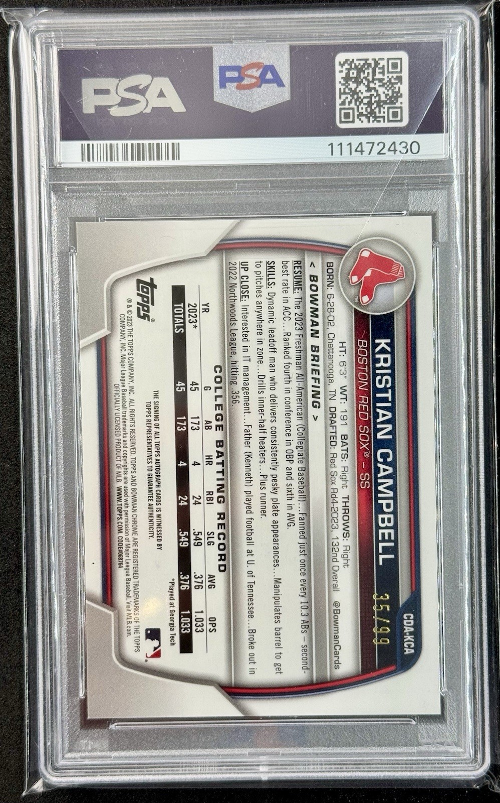 2023 Bowman Draft Chrome Kristian Campbell Auto Green Refractor 1st #/99 PSA 9