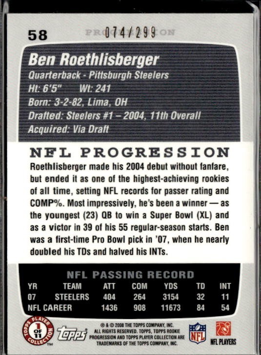 2008 Topps Rookie Progression Ben Roethlisberger #58 Silver /299 Steelers
