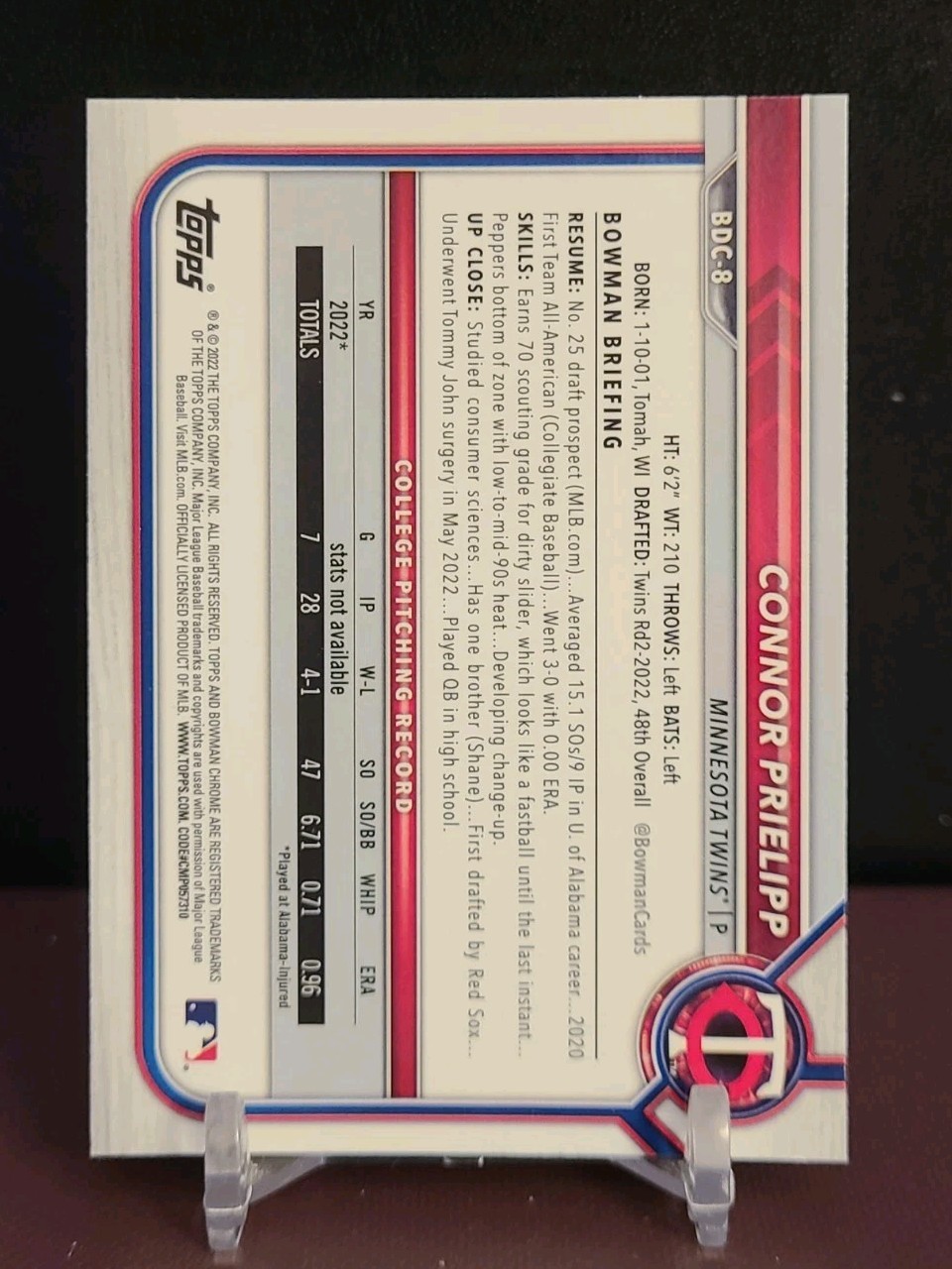 2022 Bowman Draft Chrome Connor Prielipp #BDC-8 1st Bowman RC