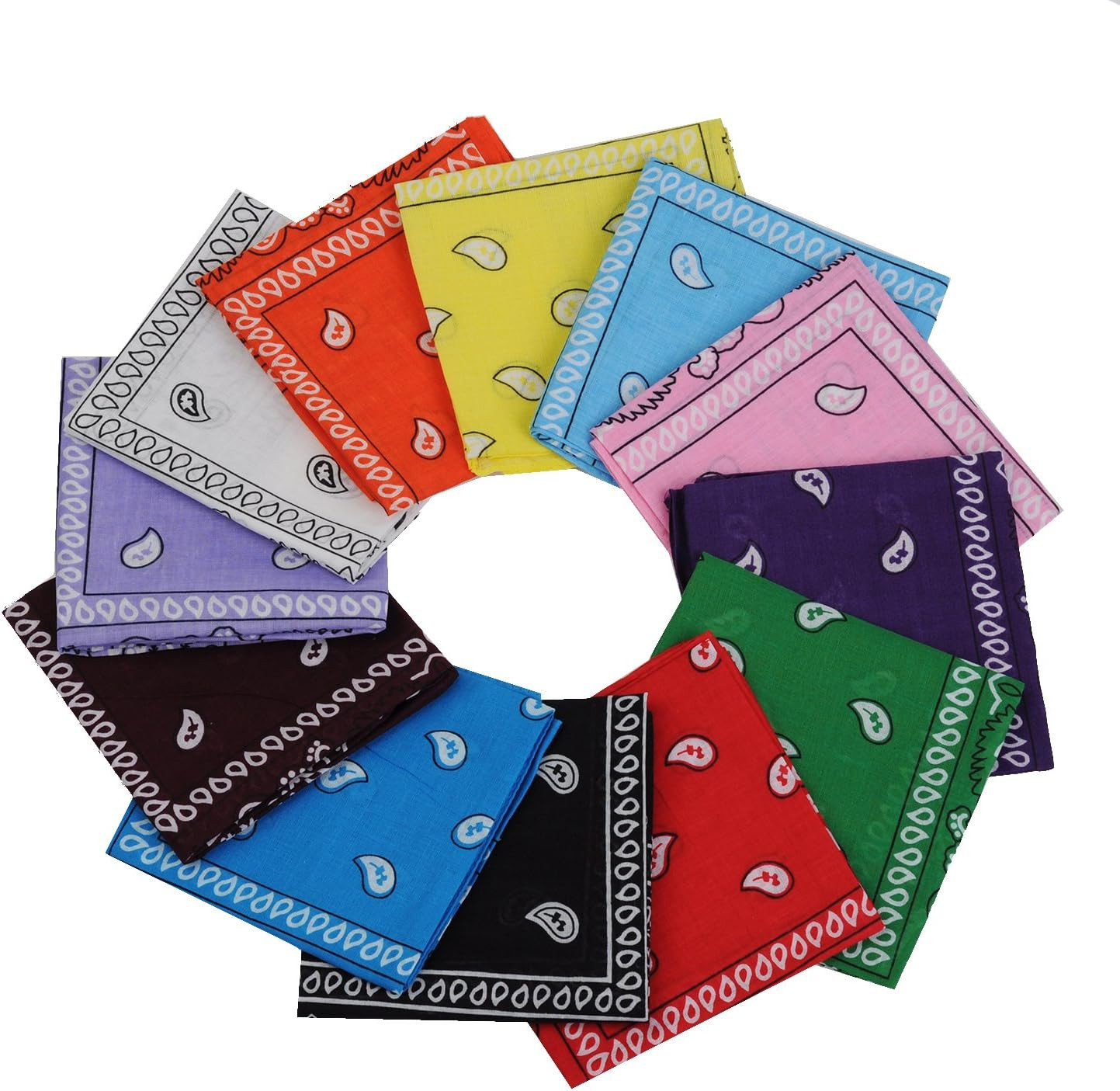 One Dozen/12Pcs Assorted Bandanas 22X22 Inch 100% Cotton Novelty Double Sided Pr