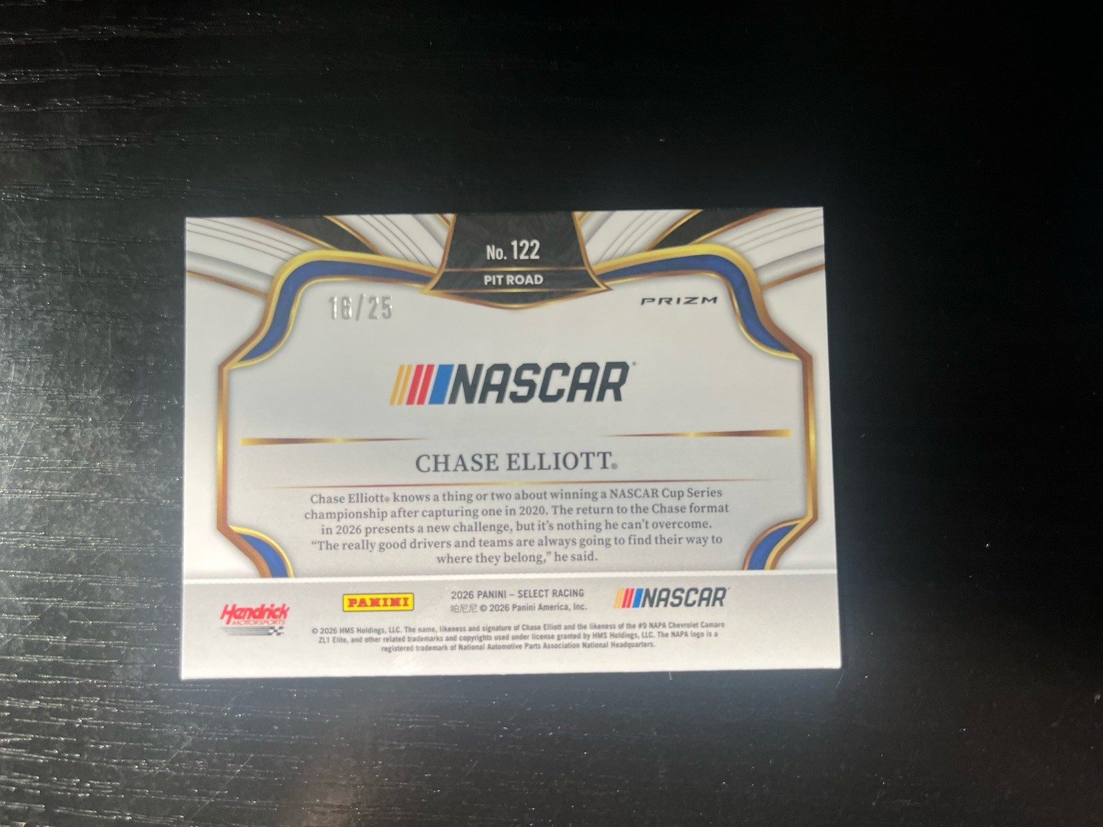 Chase Elliott 2026 Panini Select Pit Road Tie-Dye Prizm 16/25 #122 Napa Chevy