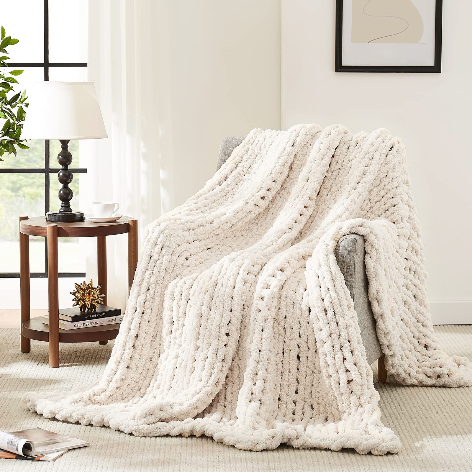 L’AGRATY Chunky Knit Blanket Throw,Soft Chenille Yarn Throw 50″x60″, Ivory