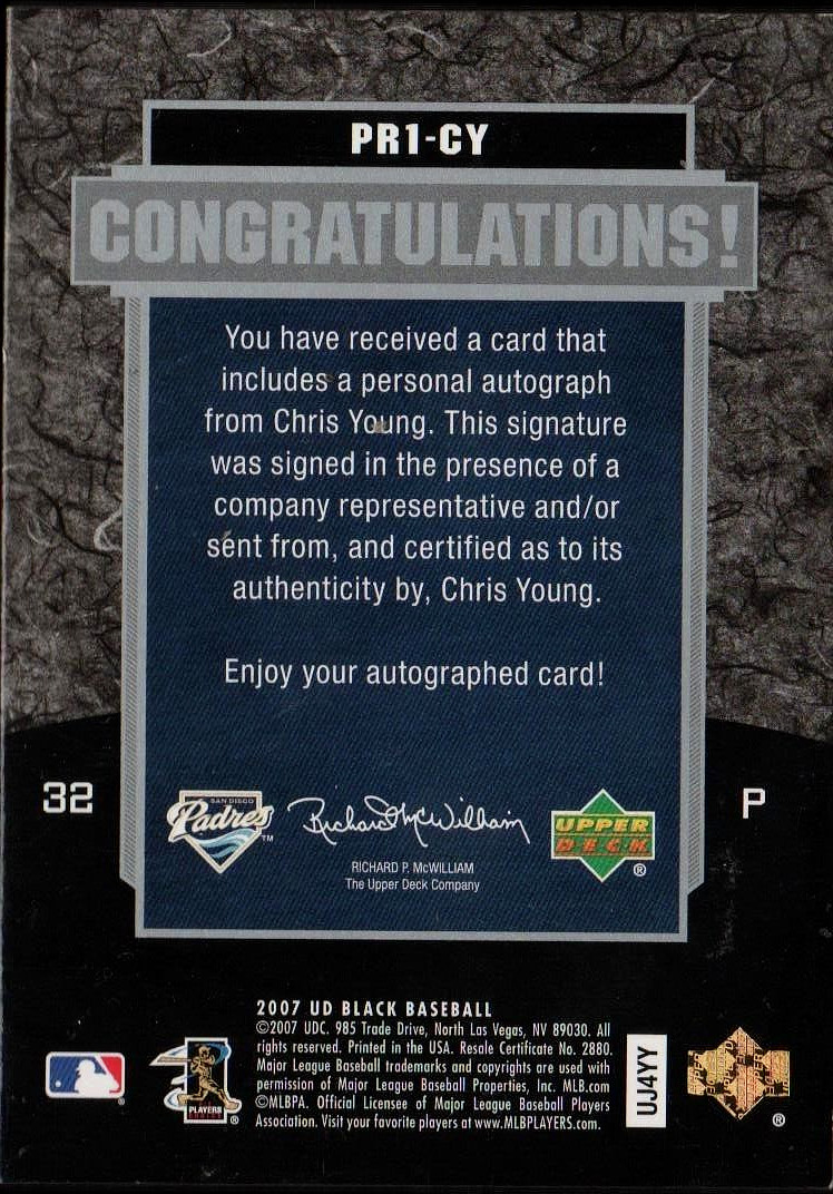 Chris Young (Padres) 2007 UD Black Prodigious Autograph Shortprint # 26/50