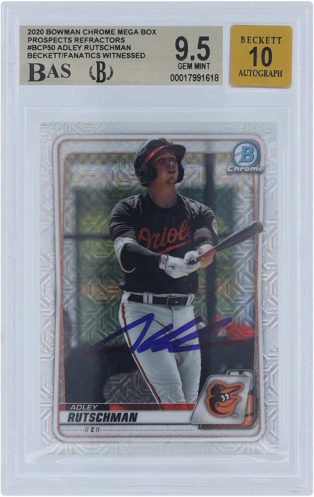 Adley Rutschman Orioles Signed ’20 Bowman Chrome Prospect BCP-50 BAS 9.5/10 Card