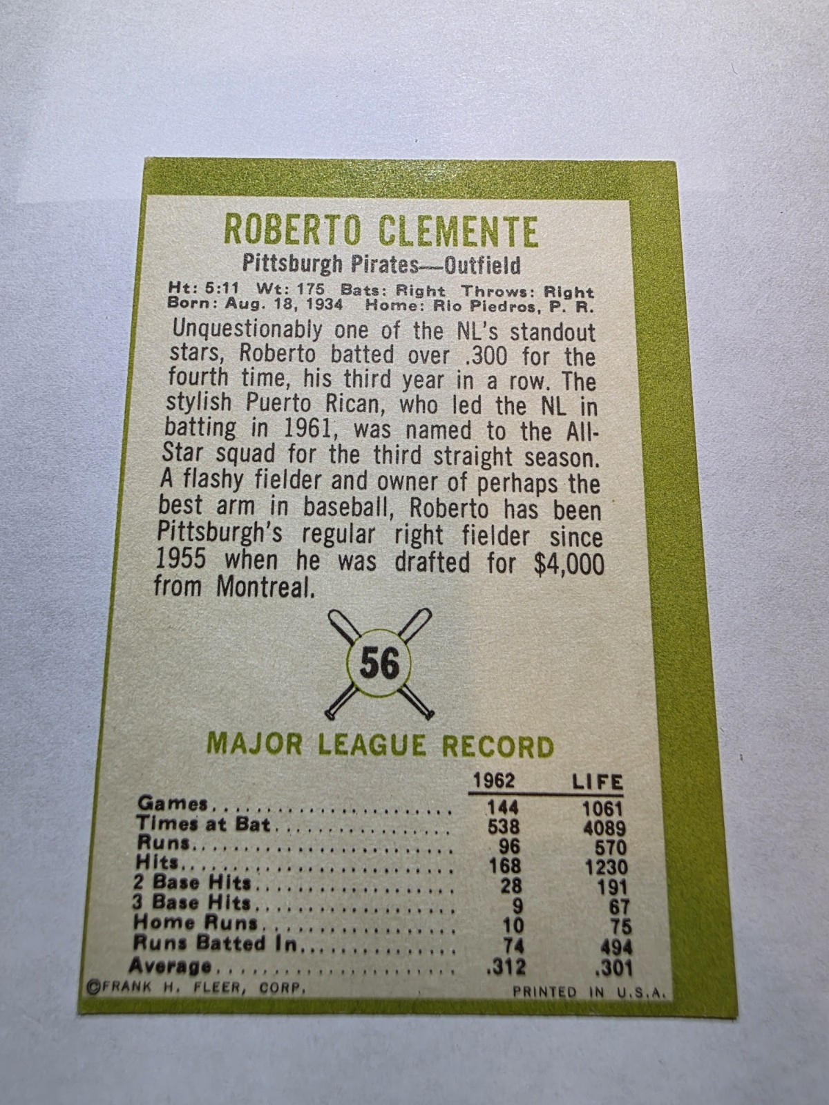 1963 Fleer Roberto Clemente #56 Pittsburgh Pirates HOF Vintage Baseball Card
