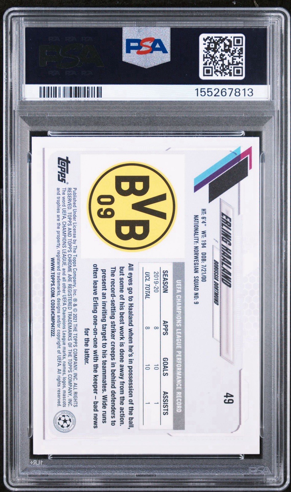 2020 TOPPS CHROME UEFA SAPPHIRE EDITION SP ERLING HAALAND – PSA 9