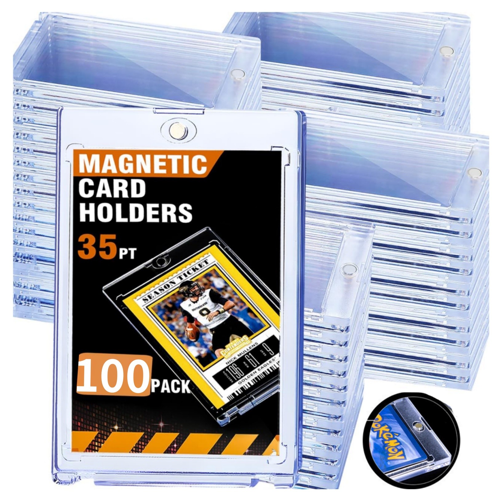 100-Pack Magnetic Trading Sports Card Holders 35pt One-Touch Hard UV Protection