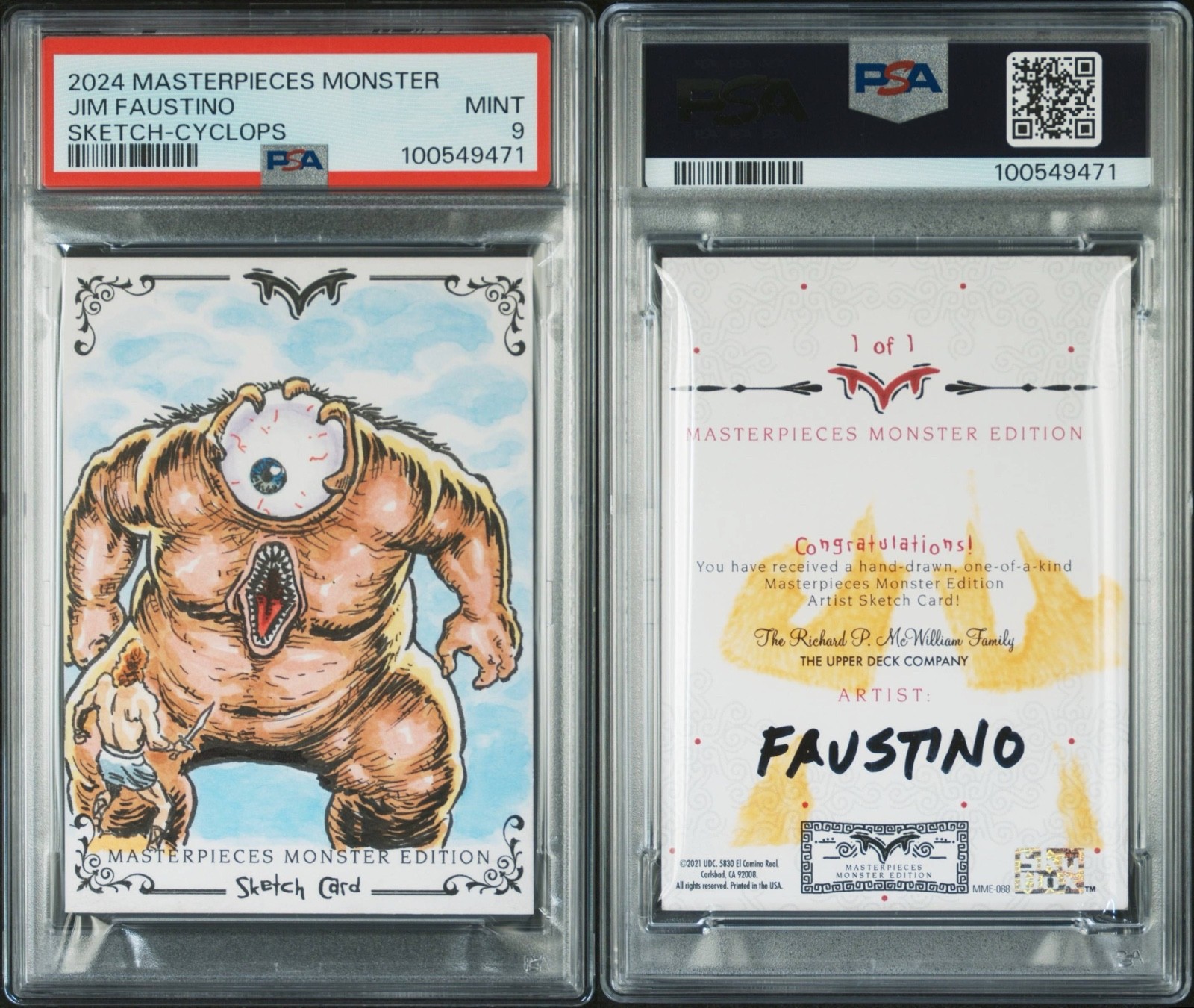Jim Faustino 2024 Masterpieces Monster Sketch Card *Cyclops* Rare 1 of 1 PSA 10