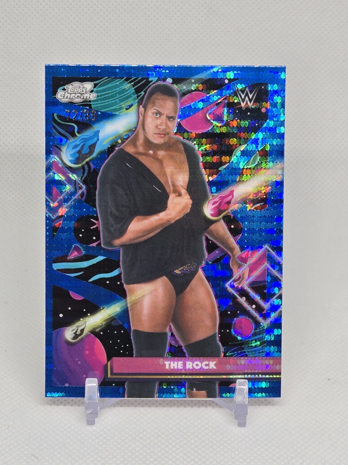 2026 WWE Topps Chrome Cosmic The Rock Blue Moon Refractor 72/99 Legends #87 SP
