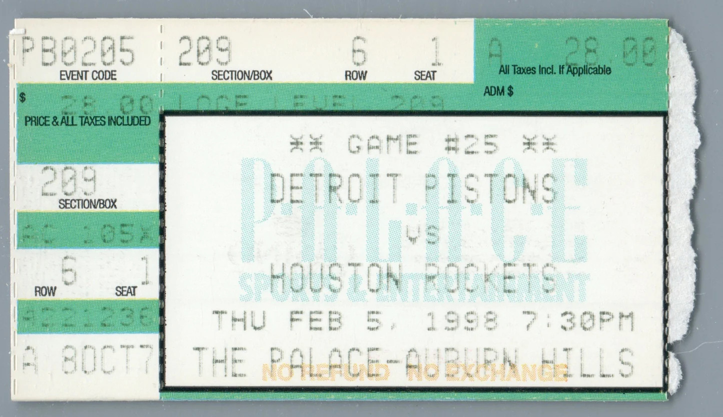 G Hill 24pt Dumars 16pt 10ast Charles Barkley 26pt 10reb Ticket Stub 2-5-1998