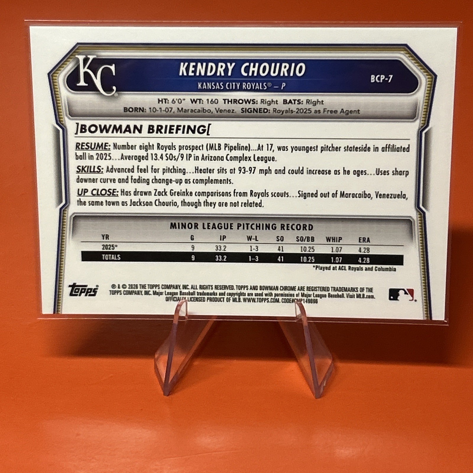 2026 Bowman Chrome Prospects Kendry Chourio BCP-7 Gold Mojo Refractor /50 1st