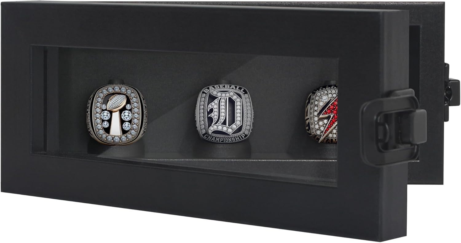 Championship Ring Display Case Holds 3 Rings with Lock Wall Mount Black