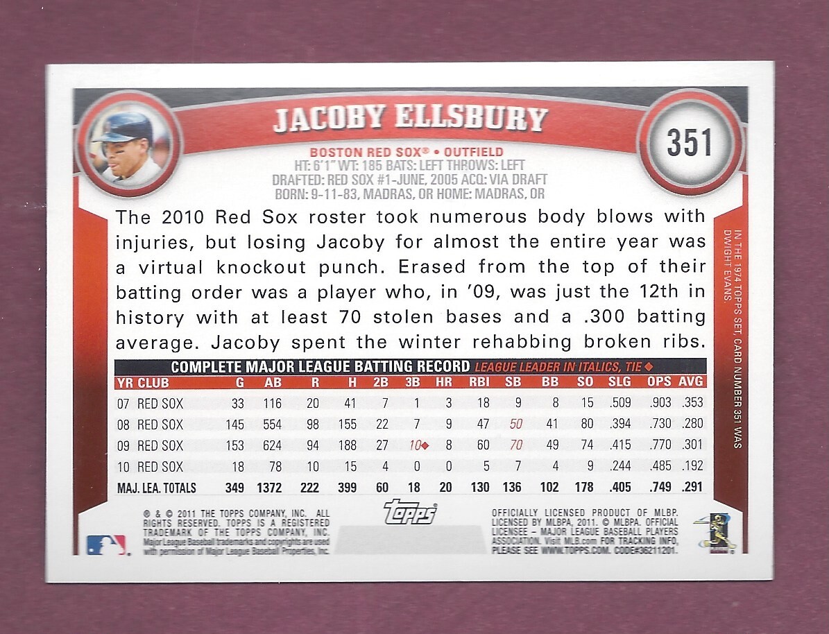 2011 TOPPS #351 COGNAC DIAMOND ANNIVERSARY JACOBY ELLSBURY .99 SH V931