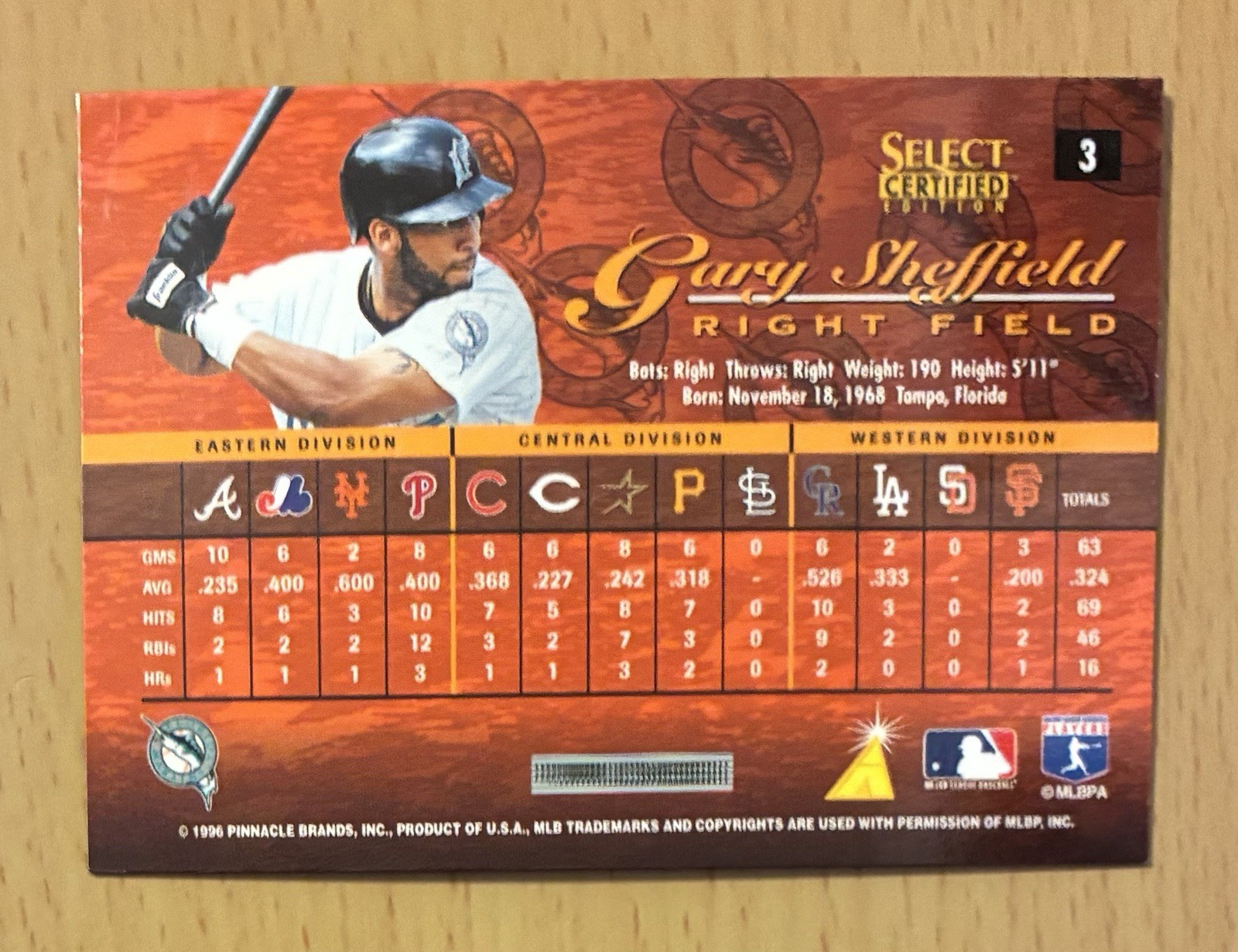 1996 SELECT CERTIFIED BASEBALL CERTIFIED RED GARY SHEFFIELD #3 FLORIDA MARLINS 1