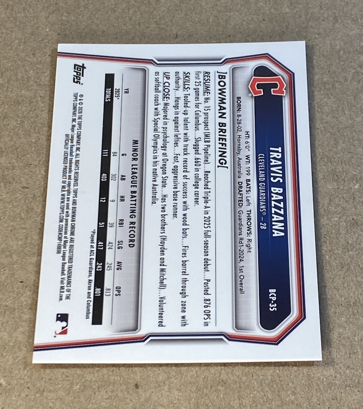 Travis Bazzana 2026 Bowman Chrome Prospect Orange Mojo Refractor /25 Guardians