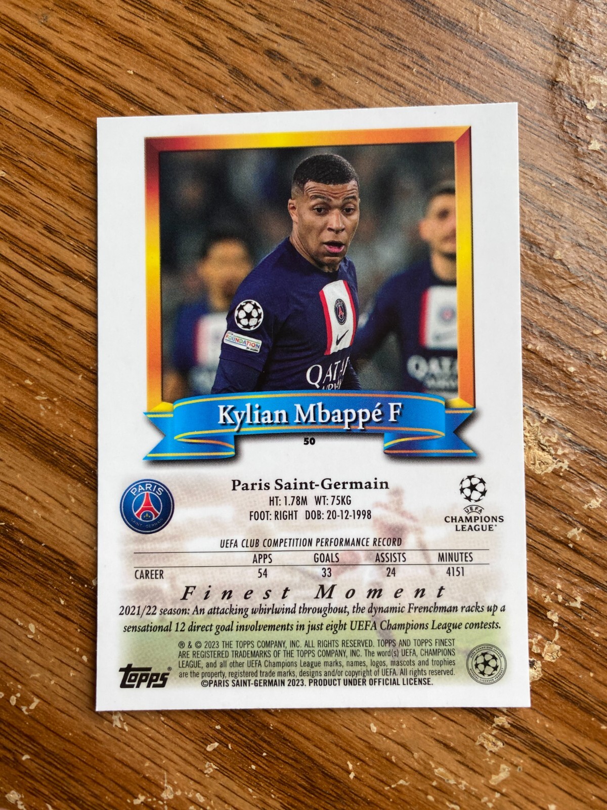 2022-23 Topps Finest Flashbacks UEFA Kylian Mbappe #50 PSG