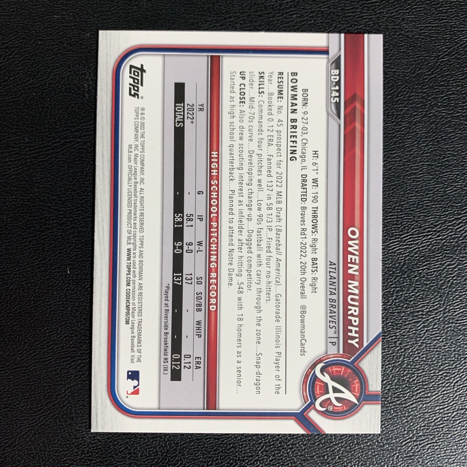 2022 Bowman Draft Owen Murphy 1st Bowman – BD-145 – Atlanta Braves