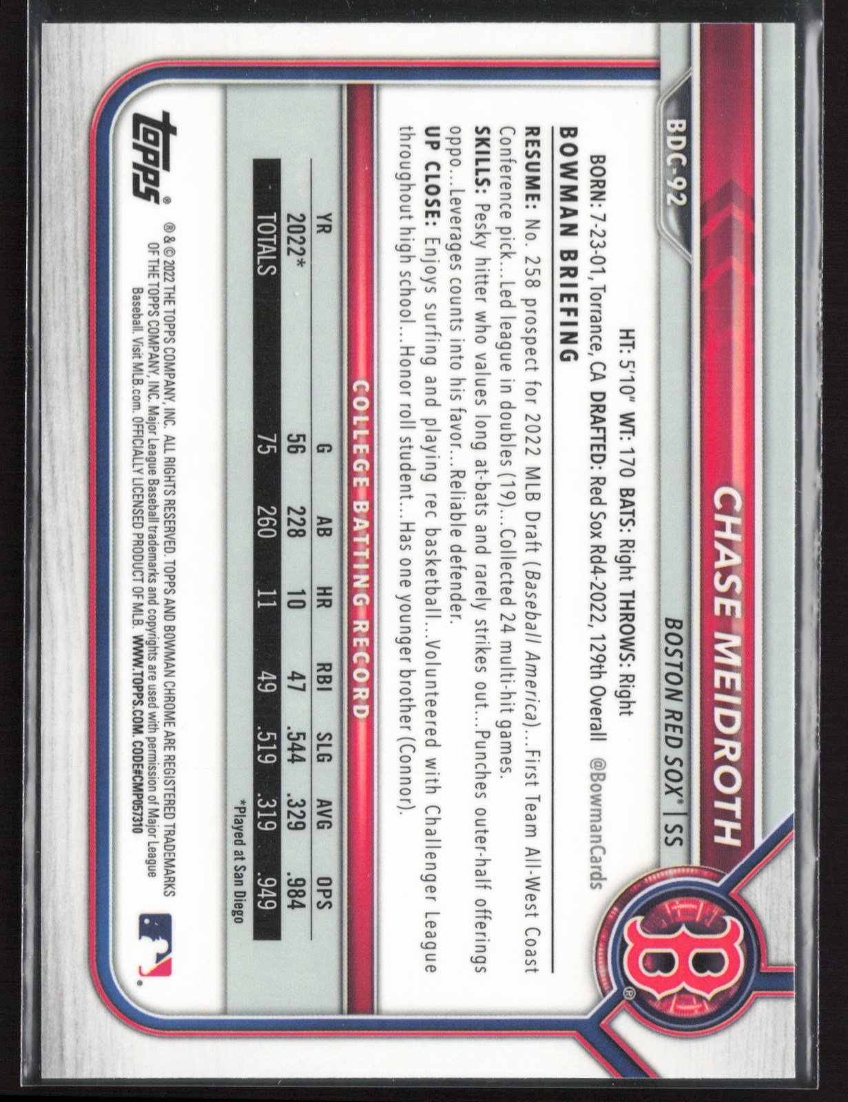 2022 Bowman Draft Chase Meidroth BDC-92 1st Chrome | Chicago White Sox