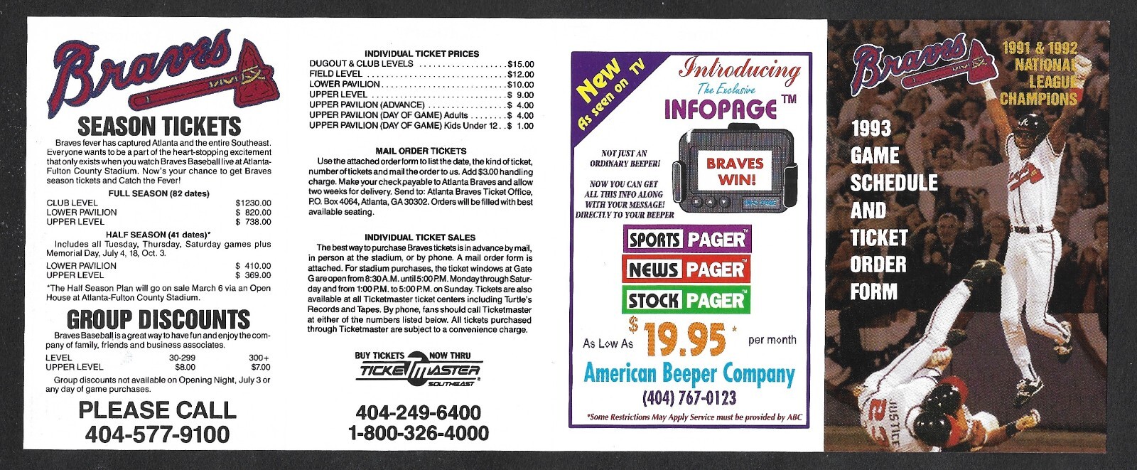 1993 ATLANTA BRAVES American Beeper Regular Season POCKET SCHEDULE NM-MINT