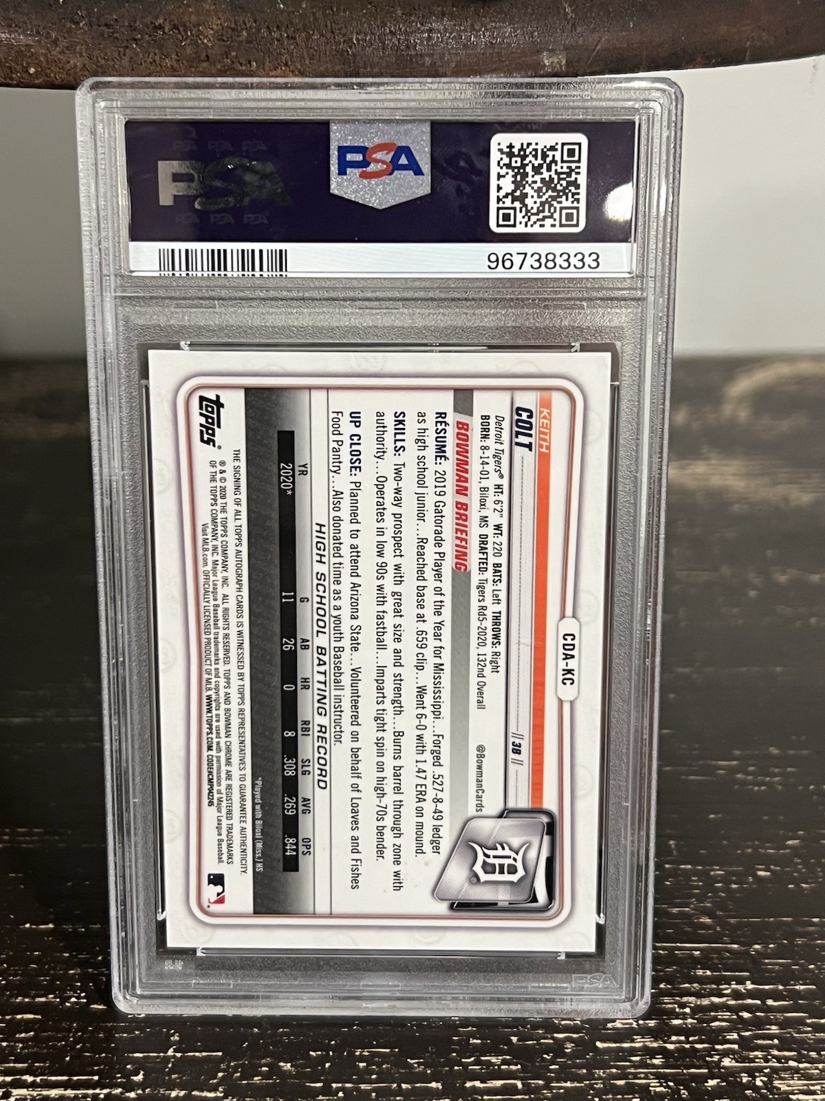 2020 Bowman Chrome Colt Keith 1st Auto Sparkle Refractor /71 PSA 10