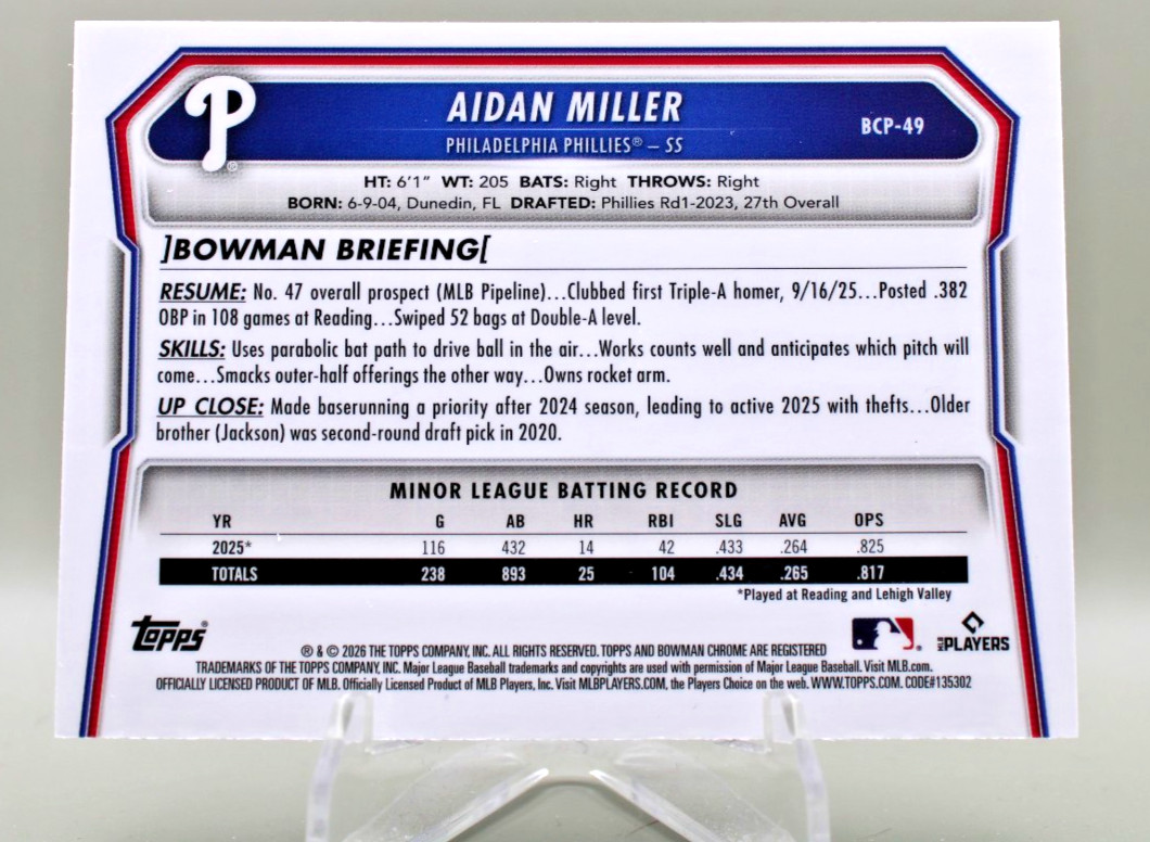2026 Bowman Chrome Prospects – Aidan Miller #BCP-49 Phillies