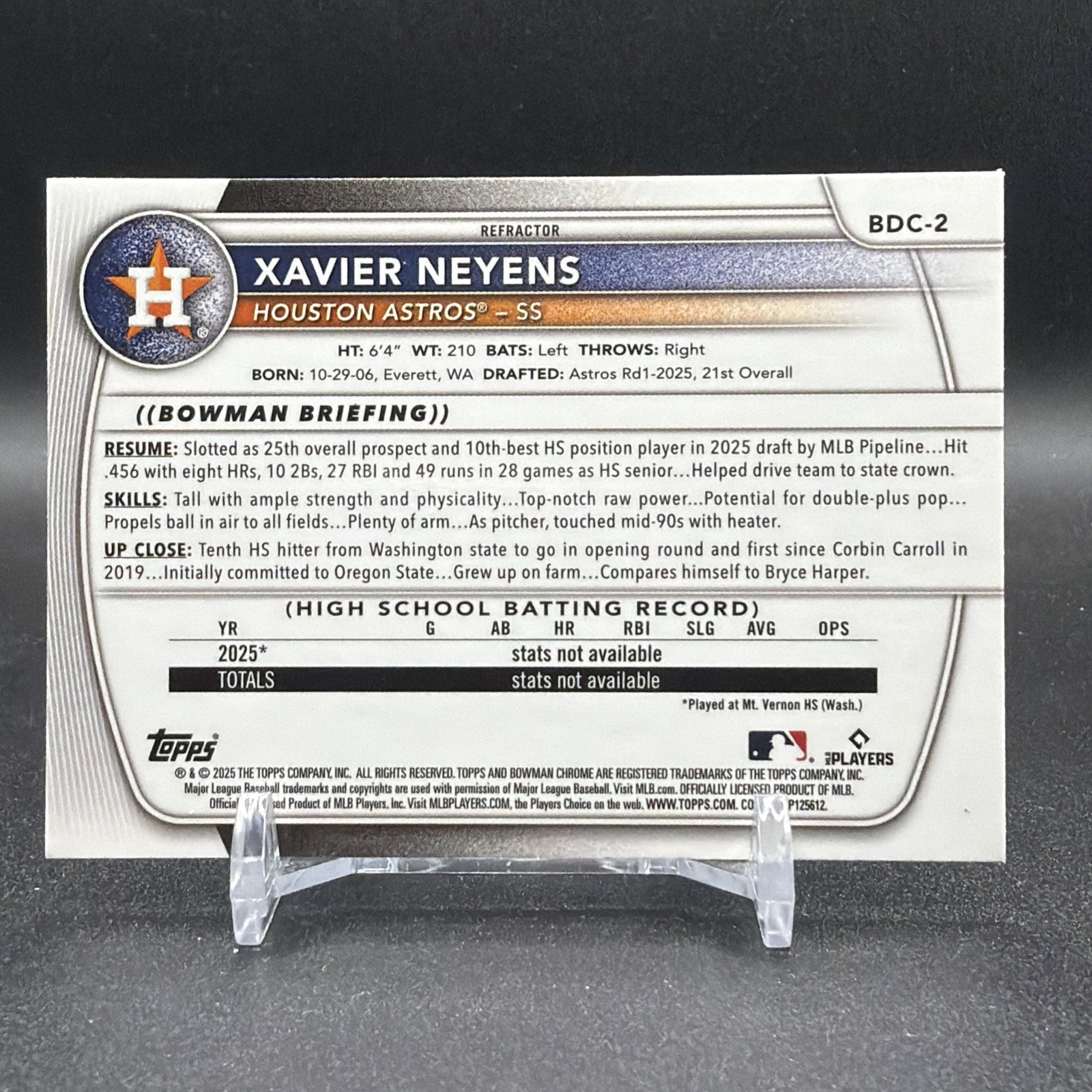 Xavier Neyens 2025 Bowman 1st Draft Chrome Refractor Houston Astros BDC-2