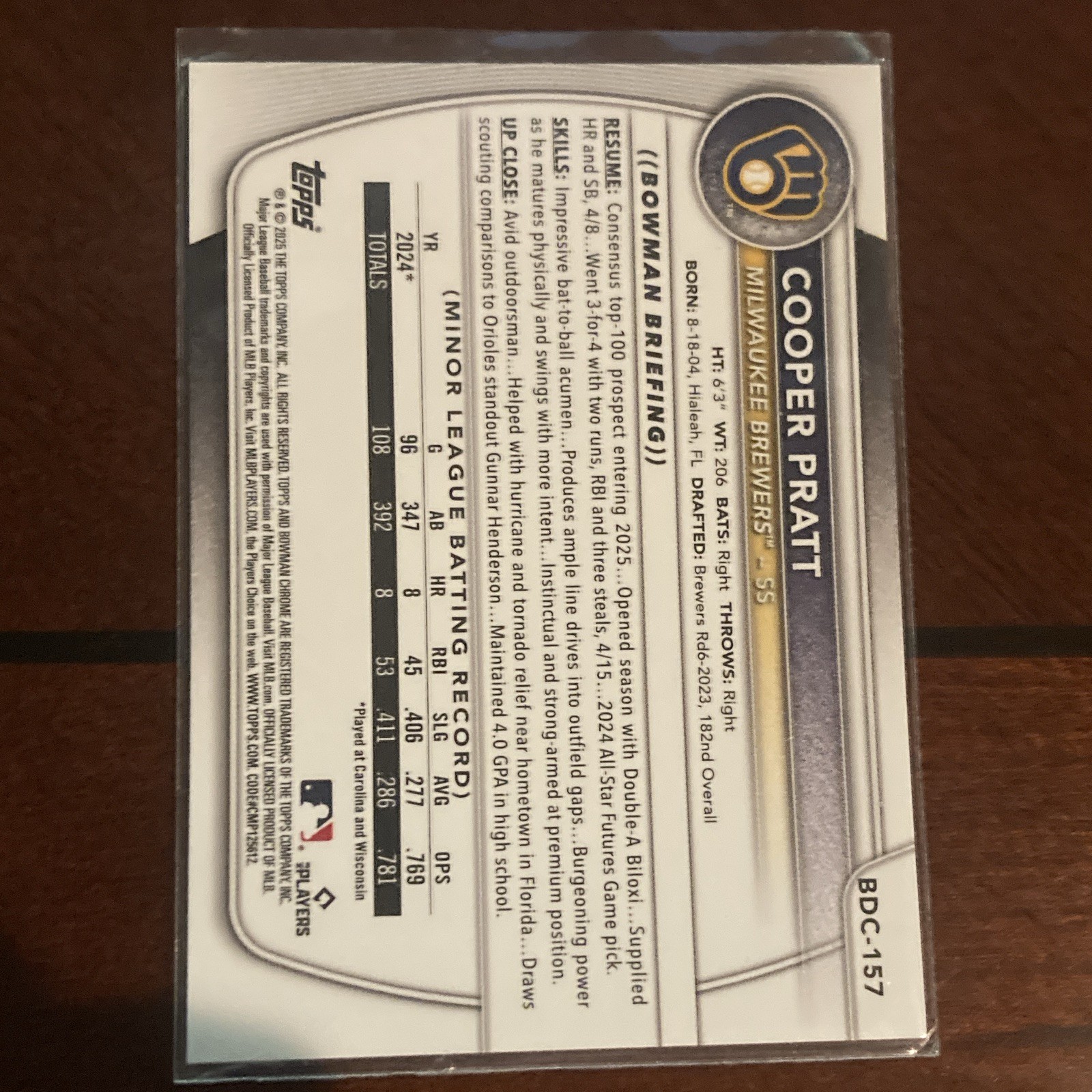 Topps Bowman Draft Chrome 2024 Cooper Pratt BDC-157 Milwaukee Brewers